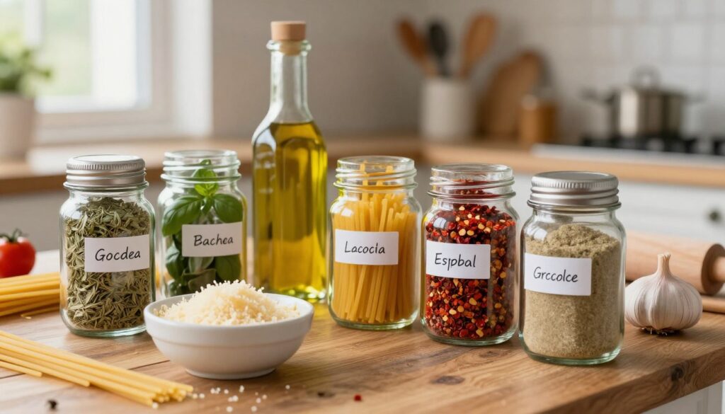 A beautifully arranged collection of essential spaghetti spices, featuring vibrant containers of dried oregano, basil, crushed red pepper flakes, and garlic powder, displayed on a rustic wooden kitchen table. In the foreground, a small bowl filled with freshly grated parmesan cheese adds texture. The middle ground showcases a variety of spices in glass jars, meticulously labeled, with a hint of olive oil and fresh tomatoes peeking in. In the background, softly blurred kitchen utensils and a rolling pin create a warm, inviting atmosphere, illuminated by gentle natural light from a nearby window, enhancing the colors and textures of the spices. The mood is cozy and homely, perfect for a culinary setting. A beautifully arranged collection of essential spaghetti spices, featuring vibrant containers of dried oregano, basil, crushed red pepper flakes, and garlic powder, displayed on a rustic wooden kitchen table. In the foreground, a small bowl filled with freshly grated parmesan cheese adds texture. The middle ground showcases a variety of spices in glass jars, meticulously labeled, with a hint of olive oil and fresh tomatoes peeking in. In the background, softly blurred kitchen utensils and a rolling pin create a warm, inviting atmosphere, illuminated by gentle natural light from a nearby window, enhancing the colors and textures of the spices. The mood is cozy and homely, perfect for a culinary setting.