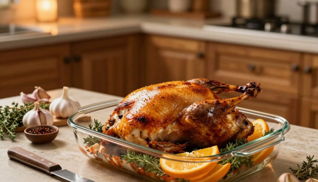 A beautifully arranged cooking scene showcasing the step-by-step process of roasting a duck in an elegant glass baking dish. In the foreground, a perfectly roasted duck, golden and crispy, rests invitingly, garnished with fresh herbs and orange slices. In the middle, ingredients like garlic, thyme, and spices are neatly placed, alongside essential tools like a carving knife and a meat thermometer. The background shows a cozy kitchen ambiance with wooden cabinets, warm-toned lighting cast from overhead lamps highlighting the delicious meal. The overall atmosphere is warm and inviting, emphasizing a sense of culinary artistry and home cooking. Focus on a close-up angle that captures the details of the duck and surrounding ingredients, ensuring a mouthwatering presentation.