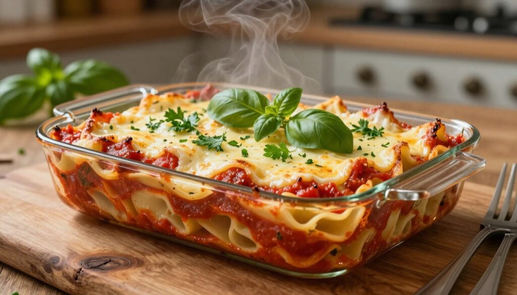A beautifully arranged dish of zapiekanki makaronowe, featuring golden-brown baked pasta topped with melted cheese and rich tomato sauce. In the foreground, a rustic wooden table enhances the homely atmosphere, with steam rising gently from the dish, hinting at its warmth. The middle ground showcases the pasta, artfully layered with fresh herbs like basil and parsley, adding vibrant green contrasts. The background subtly hints at a cozy kitchen setting with soft, warm lighting, creating an inviting ambiance. The shot is taken from a slightly elevated angle, providing a clear view of the dish's texture and toppings, while maintaining a focus on the home-cooked feel, evoking a sense of comfort and zero-waste ethos in cooking. A beautifully arranged dish of zapiekanki makaronowe, featuring golden-brown baked pasta topped with melted cheese and rich tomato sauce. In the foreground, a rustic wooden table enhances the homely atmosphere, with steam rising gently from the dish, hinting at its warmth. The middle ground showcases the pasta, artfully layered with fresh herbs like basil and parsley, adding vibrant green contrasts. The background subtly hints at a cozy kitchen setting with soft, warm lighting, creating an inviting ambiance. The shot is taken from a slightly elevated angle, providing a clear view of the dish's texture and toppings, while maintaining a focus on the home-cooked feel, evoking a sense of comfort and zero-waste ethos in cooking.