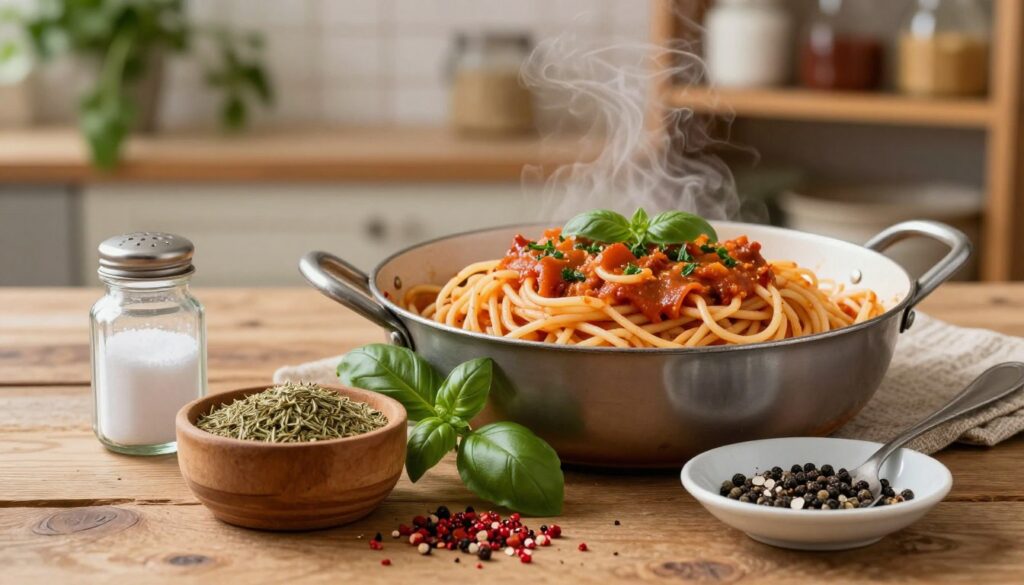 A beautifully arranged display of authentic spaghetti bolognese spices on a rustic wooden table. In the foreground, a small wooden bowl filled with dried oregano, a sprig of fresh basil, and crushed red pepper flakes. Next to it, a glass jar of salt and a small plate with cracked black pepper. In the middle ground, a pot of steaming spaghetti bolognese, rich in color, garnished with fresh herbs. The background features subtle hints of an Italian kitchen with herbs hanging and a soft-focus view of wooden shelves filled with ingredients. Warm, natural lighting illuminates the scene, creating an inviting and aromatic atmosphere, capturing the essence of classic Italian cooking.
