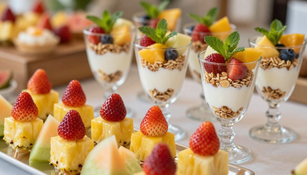 A beautifully arranged display of fruit appetizers, including vibrant fruit skewers, elegant parfaits, and colorful fruit cups. In the foreground, juicy chunks of pineapple, strawberries, and melon are artistically placed on wooden skewers, glistening with a light sheen that highlights their freshness. The middle layer features crystal-clear parfait glasses filled with layers of yogurt, granola, and fresh fruit, topped with mint leaves for a pop of color. The background should be softly blurred, hinting at a festive table setting with warm, natural lighting that creates an inviting atmosphere. Ensure the overall mood is celebratory and elegant, suitable for a stylish gathering. Focus on a close-up angle that emphasizes the textures and colors of the fruits, capturing a sense of freshness and vibrancy.