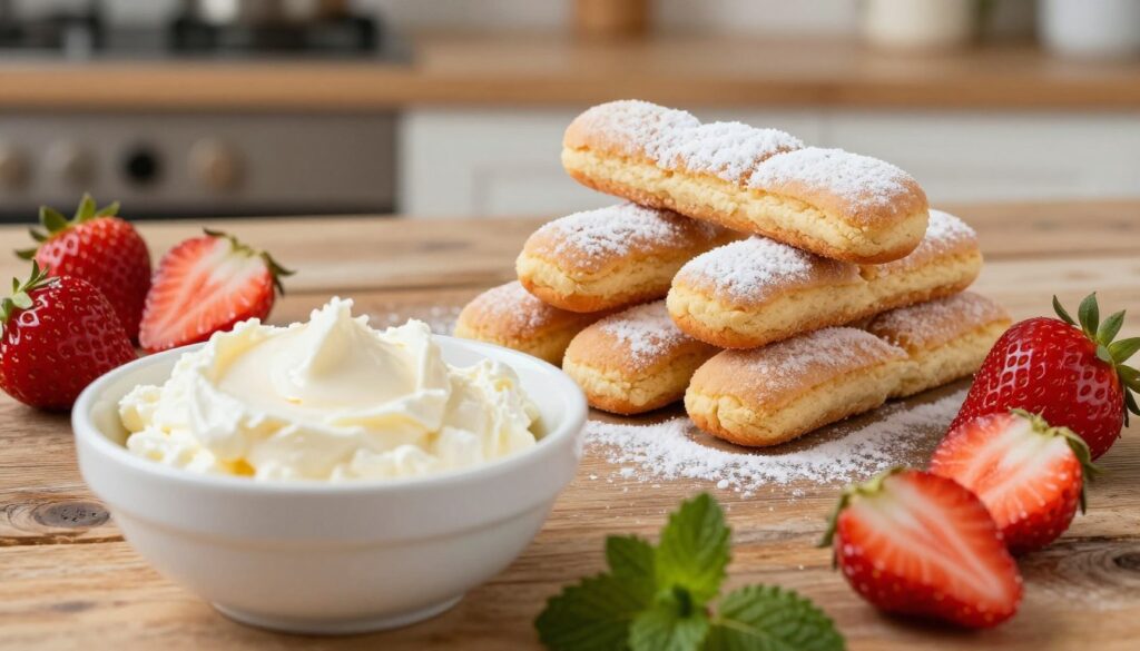 A beautifully arranged display of ingredients for a strawberry mascarpone tiramisu. In the foreground, a white bowl filled with creamy mascarpone cheese, glistening with a hint of vanilla. Beside it, a pile of golden ladyfinger biscuits, slightly dusted with powdered sugar. Juicy, ripe strawberries with vibrant red color, some sliced and others whole, add a pop of freshness. In the middle ground, a rustic wooden table enhances the warmth of the composition, complemented by a delicate sprig of mint. The background features a softly blurred kitchen environment, warmly lit, creating an inviting atmosphere. Capture this scene from a slightly elevated angle to showcase the textures and colors, evoking a sense of indulgence and culinary delight. A beautifully arranged display of ingredients for a strawberry mascarpone tiramisu. In the foreground, a white bowl filled with creamy mascarpone cheese, glistening with a hint of vanilla. Beside it, a pile of golden ladyfinger biscuits, slightly dusted with powdered sugar. Juicy, ripe strawberries with vibrant red color, some sliced and others whole, add a pop of freshness. In the middle ground, a rustic wooden table enhances the warmth of the composition, complemented by a delicate sprig of mint. The background features a softly blurred kitchen environment, warmly lit, creating an inviting atmosphere. Capture this scene from a slightly elevated angle to showcase the textures and colors, evoking a sense of indulgence and culinary delight.