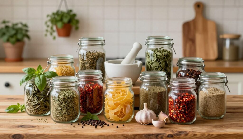 A beautifully arranged display of various spices commonly used for pasta dishes, placed on a rustic wooden kitchen table. In the foreground, vibrant jars filled with dried basil, oregano, red pepper flakes, and garlic powder are showcased, their colors vivid and inviting. The middle layer features a small mortar and pestle, surrounded by a scattering of whole peppercorns and a few cloves of garlic. The background reveals a softly lit kitchen setting with hanging herbs in pots and a wooden cutting board, adding warmth. The lighting is warm and natural, creating an inviting atmosphere reminiscent of a cozy culinary space. The overall mood should evoke a sense of comfort and culinary inspiration.