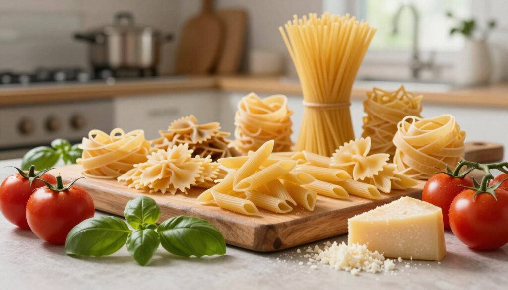 A beautifully arranged display of various types of pasta, showcasing their unique shapes and textures. In the foreground, include fresh ingredients such as ripe tomatoes, fragrant basil leaves, and grated cheese, elegantly staged beside the pasta. In the middle, a wooden cutting board holds an assortment of pasta types like spaghetti, penne, farfalle, and tagliatelle, with a soft focus that highlights each shape's distinct characteristics. In the background, a softly lit kitchen scene provides warmth, with pots and herbs subtly blurred, creating a cozy atmosphere. The lighting is natural and inviting, mimicking sunlight streaming through a kitchen window. The overall mood is culinary inspiration, suggesting the delightful possibilities of pairing pasta with various sauces and ingredients.