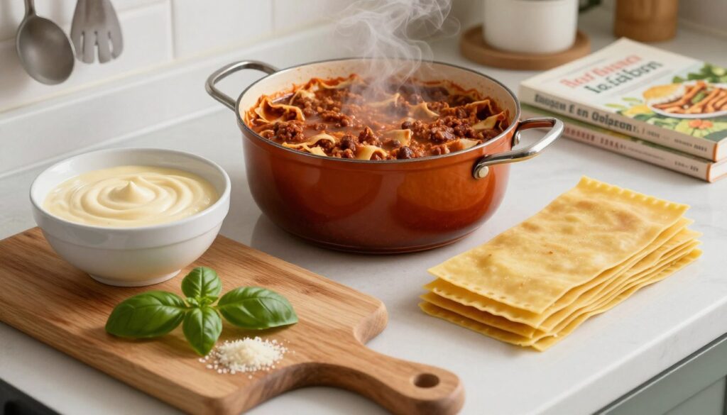 A beautifully arranged kitchen countertop displaying the essential ingredients for lasagna: a rich bolognese sauce simmering in a pot, creamy béchamel sauce in a bowl, and delicate sheets of lasagna pasta stacked neatly. In the foreground, a wooden cutting board features fresh basil leaves and a sprinkle of cheese, enhancing the Italian culinary theme. The middle ground captures the simmering pot with steam rising, while the background shows soft-focused kitchen utensils and a hint of an Italian cookbook for ambiance. Soft, warm lighting illuminates the scene, creating a cozy and inviting atmosphere, perfect for culinary inspiration. The camera angle is slightly overhead, emphasizing the vibrant colors and textures of the ingredients.