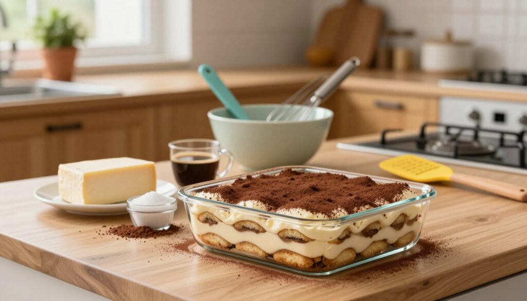A beautifully arranged kitchen countertop showcasing the process of making eggless tiramisu. In the foreground, a clear glass dish filled with layers of creamy mascarpone and coffee-soaked ladyfingers topped with cocoa powder. Beside it, neatly arranged ingredients such as mascarpone cheese, coffee, sugar, and cocoa powder. In the middle ground, colorful utensils, a mixing bowl with a whisk, and a spatula, creating a homey atmosphere. The background features a cozy kitchen setting with warm lighting, highlighting wooden cabinets and a small potted plant on a windowsill, creating an inviting mood. A soft-focus effect gently blurs the background while emphasizing the delicious dish in the foreground.
