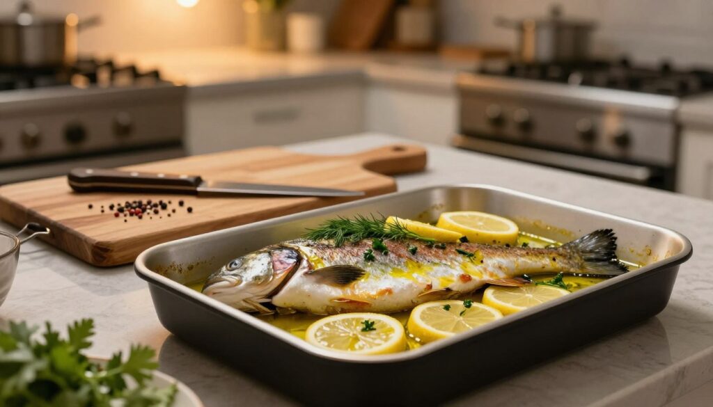 A beautifully arranged kitchen countertop with a freshly prepared trout ready for baking. In the foreground, focus on the trout, glistening with olive oil, lemon slices, and fresh herbs like dill and parsley, showcasing vibrant colors. In the middle ground, include a rustic wooden cutting board with scattered seasoning spices and a knife. The background features warm, ambient kitchen lighting, enhancing the cozy cooking atmosphere, with blurred elements of an oven and kitchen utensils. Use a soft focus effect to create warmth and allure, capturing the essence of preparing a delicious trout before baking, evoking a sense of home-cooked comfort and culinary delight.