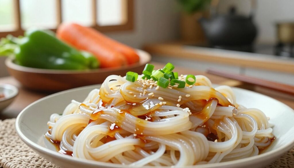 A beautifully arranged plate featuring rice noodles and soy noodles drizzled with a light soy sauce, garnished with finely chopped scallions and sesame seeds. The foreground showcases the noodles in a close-up view, highlighting their delicate texture and sheen. In the middle ground, a wooden bowl contains fresh vegetables like bell peppers and carrots, adding vibrant color and freshness to the scene. Soft, diffused natural lighting from a nearby window gently illuminates the dish, enhancing the inviting atmosphere. The background features hints of a traditional kitchen setting, including pots and herbs, creating a cozy, homely feel. The overall mood is warm and inviting, capturing the essence of preparing delicious noodle dishes.