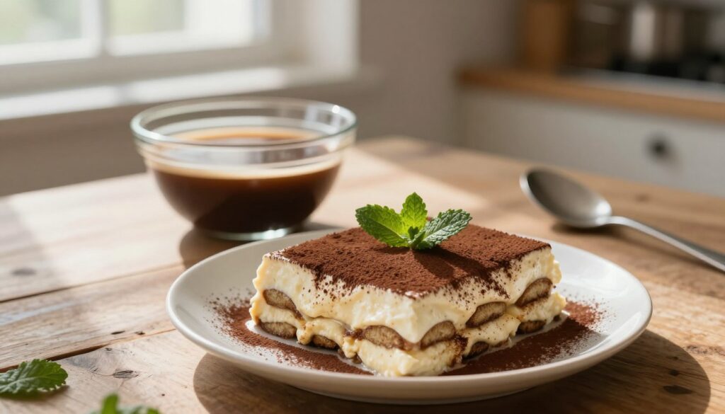 A beautifully arranged plate of creamy krem tofu sits elegantly at the forefront, garnished with a dusting of cocoa powder and delicate mint leaves, capturing the essence of a vegan tiramisu. The middle ground features a transparent glass bowl filled with rich coffee syrup, showcasing the preparation process, while in the background, soft, natural light filters through a window, casting gentle shadows. A rustic wooden table enhances the warm, inviting atmosphere, evoking a homey kitchen setting. The composition is shot from a slight top-down angle to emphasize the layers of the krem tofu dessert, with a shallow depth of field creating a dreamy, focused look. The mood is warm and inviting, perfect for showcasing the meticulous steps in creating a vegan version of a classic dessert.