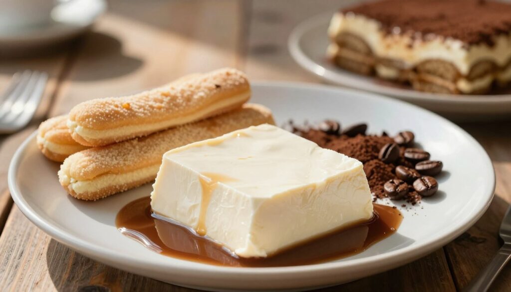 A beautifully arranged plate of fresh, creamy tofu showcasing its smooth texture and subtle sheen, placed prominently in the foreground. Around the tofu, soft-focused layers of ladyfingers and a drizzle of rich coffee syrup are artistically presented. In the middle ground, a selection of vibrant toppings like cocoa powder and crushed coffee beans add a touch of earthy color, suggesting the flavors of traditional tiramisu. The background features a rustic wooden table, softly lit by warm, natural sunlight, casting gentle shadows and creating a cozy, inviting atmosphere. Overall, the image evokes a feeling of indulgence and freshness, perfect for a delightful vegan dessert.