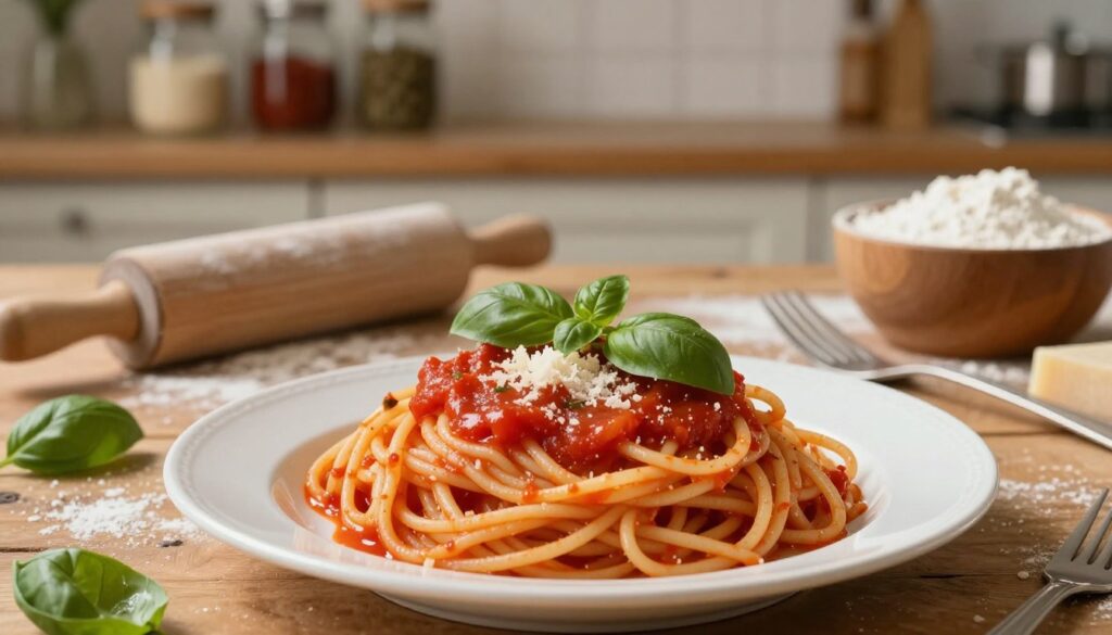 A beautifully arranged plate of homemade spaghetti, glistening with a rich, tomato-based sauce, is emphasized in the foreground. Surrounding the pasta, fresh basil leaves and grated Parmesan add vibrant color and texture. In the middle ground, a rustic wooden table showcases elements of Italian cooking, such as a rolling pin, flour dust, and a bowl of flour, hinting at the process of making the pasta from scratch. Soft, warm lighting illuminates the scene, creating a cozy and inviting atmosphere. In the blurred background, a kitchen shelf stocked with glass jars containing spices and dried herbs adds depth, enhancing the homey feel. The composition captures the essence of traditional Italian cooking, inviting viewers to savor the art of homemade spaghetti. A beautifully arranged plate of homemade spaghetti, glistening with a rich, tomato-based sauce, is emphasized in the foreground. Surrounding the pasta, fresh basil leaves and grated Parmesan add vibrant color and texture. In the middle ground, a rustic wooden table showcases elements of Italian cooking, such as a rolling pin, flour dust, and a bowl of flour, hinting at the process of making the pasta from scratch. Soft, warm lighting illuminates the scene, creating a cozy and inviting atmosphere. In the blurred background, a kitchen shelf stocked with glass jars containing spices and dried herbs adds depth, enhancing the homey feel. The composition captures the essence of traditional Italian cooking, inviting viewers to savor the art of homemade spaghetti.