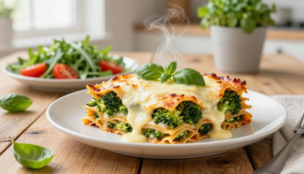 A beautifully arranged plate of lasagna made with layers of tender pasta, vibrant green broccoli, and creamy béchamel sauce. The foreground features a steaming, cheesy lasagna slice, revealing colorful layers of broccoli and melted cheese, garnished with fresh basil leaves. In the middle, a rustic wooden table enhances the culinary setting, while a healthy side salad of cherry tomatoes and arugula adds a pop of color. The background includes soft-focus kitchen elements, such as a herb pot and light streaming in from a window, creating a warm and inviting atmosphere. The lighting is bright yet soft, evoking a fresh and appetizing feel, while the angle captures the dish from a slightly above perspective, emphasizing its mouthwatering layers.