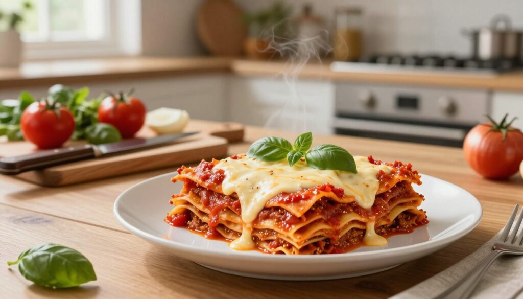 A beautifully arranged plate of lasagne, showcasing multiple layers of rich pasta, vibrant tomato sauce, creamy béchamel, and melted cheese, garnished with fresh basil leaves. The foreground features the lasagne in an elegant ceramic dish, steaming slightly to indicate freshness. In the middle, a wooden kitchen table with a cutting board, a knife, and fresh ingredients like tomatoes, onions, and herbs. The background displays a softly lit modern kitchen, enhancing the warm and inviting atmosphere. Diffused natural light coming from a nearby window casts a gentle glow, creating a cozy ambiance. The scene evokes a sense of comfort and culinary artistry, emphasizing home-cooked meals at their finest.