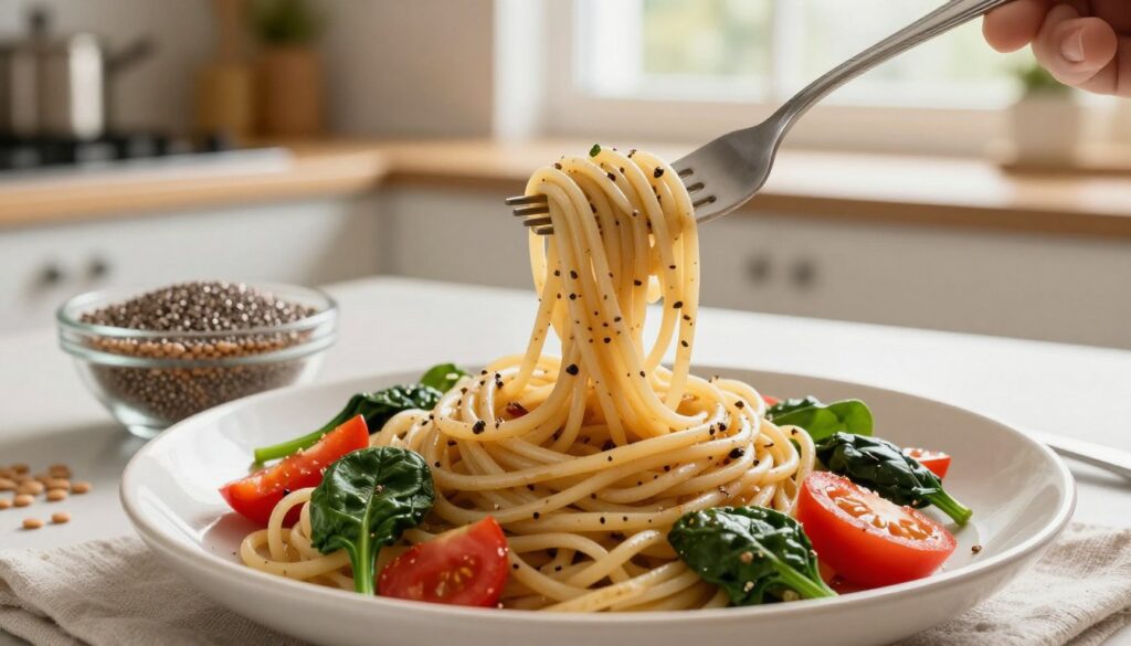 A beautifully arranged plate of whole grain pasta, topped with a colorful medley of fresh vegetables like spinach, tomatoes, and bell peppers, showcasing the concept of fiber in a diet. The foreground features a fork twirling the pasta, highlighting the texture and fibers. In the middle ground, a small bowl of lentils and chia seeds are elegantly placed, emphasizing their role in dietary fiber. The background shows a soft-focus kitchen setting, with warm, natural light streaming in through a window, creating an inviting and healthy atmosphere. The composition conveys a sense of balance and nutrition, perfect for illustrating the importance of fiber in meals.