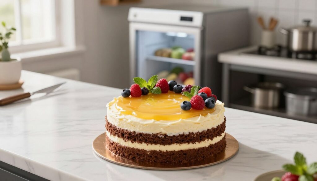 A beautifully arranged scene of a frosted cake being prepared for freezing. In the foreground, an elegant chocolate and vanilla cream cake is displayed on a white marble countertop, with a shiny layer of custard cream on top, decorated with fresh berries and mint leaves. The middle ground shows a professional kitchen environment with a well-organized space, featuring a freezer in the background, slightly open, highlighting its contents. Soft, natural lighting streams in from a window, creating a warm and inviting atmosphere. Capture the texture of the cake’s frosting and the freshness of the ingredients. The angle should be slightly elevated to facilitate a clear view of the cake and the surrounding kitchen tools, emphasizing the careful preparation process. A beautifully arranged scene of a frosted cake being prepared for freezing. In the foreground, an elegant chocolate and vanilla cream cake is displayed on a white marble countertop, with a shiny layer of custard cream on top, decorated with fresh berries and mint leaves. The middle ground shows a professional kitchen environment with a well-organized space, featuring a freezer in the background, slightly open, highlighting its contents. Soft, natural lighting streams in from a window, creating a warm and inviting atmosphere. Capture the texture of the cake’s frosting and the freshness of the ingredients. The angle should be slightly elevated to facilitate a clear view of the cake and the surrounding kitchen tools, emphasizing the careful preparation process.