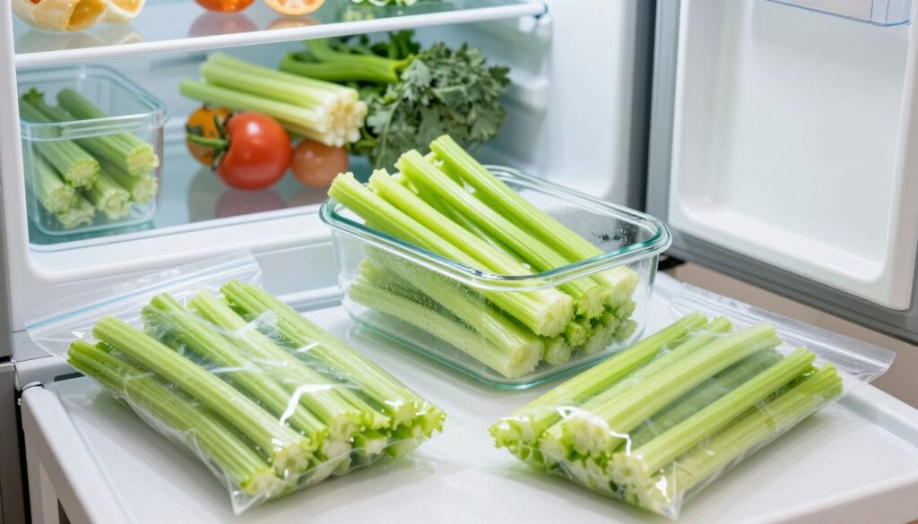 A beautifully arranged scene showcasing frozen celery in a modern kitchen setting. In the foreground, a variety of chopped celery stalks in clear, resealable freezer bags, showcasing their bright green color and crisp texture. In the middle, a glass storage container filled with celery, displaying condensation to emphasize the coldness. The background features a stylish refrigerator partially open, with other colorful frozen vegetables visible, highlighting the organization of a well-stocked freezer. Soft, natural lighting filters in from a nearby window, creating a fresh and inviting atmosphere. The angle captures a slightly overhead perspective, accentuating the neatness of the storage methods. The mood is bright and practical, emphasizing freshness and the longevity of the celery stored for 6-12 months. A beautifully arranged scene showcasing frozen celery in a modern kitchen setting. In the foreground, a variety of chopped celery stalks in clear, resealable freezer bags, showcasing their bright green color and crisp texture. In the middle, a glass storage container filled with celery, displaying condensation to emphasize the coldness. The background features a stylish refrigerator partially open, with other colorful frozen vegetables visible, highlighting the organization of a well-stocked freezer. Soft, natural lighting filters in from a nearby window, creating a fresh and inviting atmosphere. The angle captures a slightly overhead perspective, accentuating the neatness of the storage methods. The mood is bright and practical, emphasizing freshness and the longevity of the celery stored for 6-12 months.