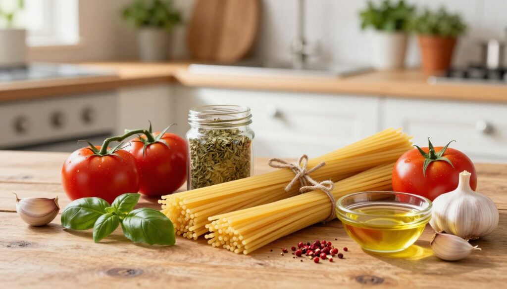 A beautifully arranged selection of spaghetti sauce base ingredients set on a rustic wooden kitchen table. In the foreground, showcase bright red ripe tomatoes, fresh basil leaves, a couple of cloves of garlic, and a small bowl of olive oil. In the middle, include a glass jar filled with dried oregano and a sprinkle of red pepper flakes. The background can feature a blurred out view of a sunlit kitchen with wooden cabinets and potted herbs, adding to the homely atmosphere. Soft natural lighting illuminates the scene, creating warm highlights and gentle shadows to enhance the textures of the ingredients. The overall mood is inviting and flavorful, evoking a sense of home cooking. A beautifully arranged selection of spaghetti sauce base ingredients set on a rustic wooden kitchen table. In the foreground, showcase bright red ripe tomatoes, fresh basil leaves, a couple of cloves of garlic, and a small bowl of olive oil. In the middle, include a glass jar filled with dried oregano and a sprinkle of red pepper flakes. The background can feature a blurred out view of a sunlit kitchen with wooden cabinets and potted herbs, adding to the homely atmosphere. Soft natural lighting illuminates the scene, creating warm highlights and gentle shadows to enhance the textures of the ingredients. The overall mood is inviting and flavorful, evoking a sense of home cooking.