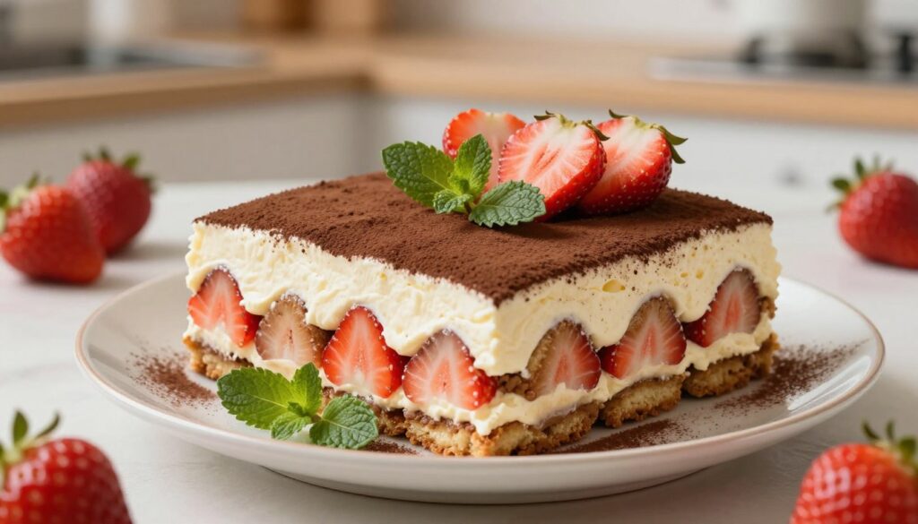 A beautifully arranged strawberry tiramisu on a delicate porcelain plate, showcasing layers of mascarpone cream interspersed with fresh strawberries and coffee-soaked ladyfingers. In the foreground, the dessert is garnished with a sprig of mint and a dusting of cocoa powder, reflecting richness and elegance. The middle ground features vibrant, ripe strawberries cut to reveal their juiciness, adding a splash of red that contrasts with the creamy layers. The background includes a soft-focus kitchen setting with warm, natural lighting, highlighting the inviting atmosphere of a home kitchen. The overall mood is light, fresh, and enticing, perfect for a summery dessert that invokes joy and indulgence. A beautifully arranged strawberry tiramisu on a delicate porcelain plate, showcasing layers of mascarpone cream interspersed with fresh strawberries and coffee-soaked ladyfingers. In the foreground, the dessert is garnished with a sprig of mint and a dusting of cocoa powder, reflecting richness and elegance. The middle ground features vibrant, ripe strawberries cut to reveal their juiciness, adding a splash of red that contrasts with the creamy layers. The background includes a soft-focus kitchen setting with warm, natural lighting, highlighting the inviting atmosphere of a home kitchen. The overall mood is light, fresh, and enticing, perfect for a summery dessert that invokes joy and indulgence.