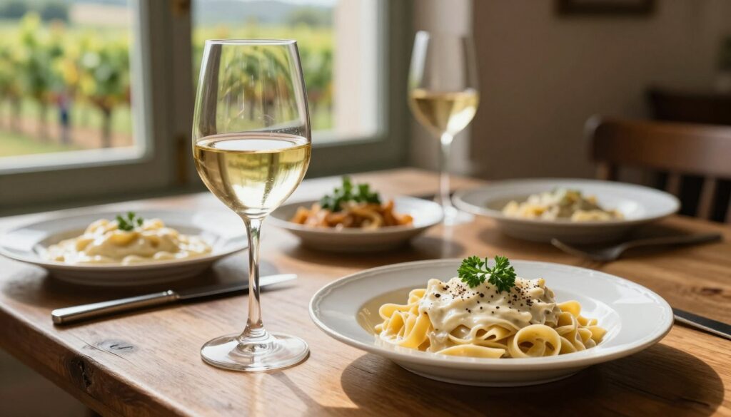A beautifully arranged table setting featuring a glass of white wine in the foreground, filled to the brim with a golden, sunlit hue. The glass is delicately placed next to a plate of pasta adorned with creamy carbonara sauce, garnished with fresh parsley and cracked black pepper. In the middle ground, a rustic wooden table complements the scene, with additional dishes of béchamel and cream sauce pasta artistically displayed. Soft, natural lighting filters through a nearby window, casting gentle shadows and creating a warm, inviting ambiance. In the background, a blurred vineyard scene is visible, enhancing the connection to wine culture. Overall, the mood is elegant yet cozy, perfect for a culinary exploration of wine and pasta pairings.