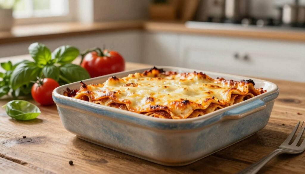 A beautifully designed ceramic lasagna dish, artfully arranged on a rustic wooden table. The dish features an elegant, textured surface with subtle glazes that catch the light, showcasing earth tones and hints of blue. In the foreground, the dish is filled with a steaming, layered lasagna, its cheesy top golden-brown and bubbling. To the left, there are fresh herbs and ingredients like tomatoes and basil, adding vibrant colors. The background reveals a softly blurred kitchen setting, illuminated by warm, natural light filtering through a window, creating an inviting atmosphere. The angle captures the dish slightly from above, emphasizing its depth and inviting presentation, perfect for a family gathering or elegant dinner.