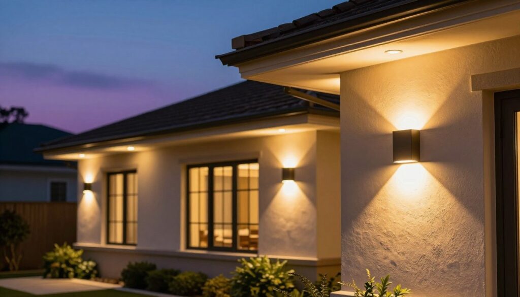 A beautifully designed exterior of a modern home featuring illuminated eaves with strategically placed outdoor lights. In the foreground, show a close-up of elegant light fixtures mounted under the eaves, casting warm and inviting light onto the surrounding area. The middle ground should include a clear view of the home’s facade, showcasing a well-maintained garden and soft shadows created by the light. In the background, a twilight sky adds depth with hues of blue and purple, enhancing the warm golden tones of the illumination. The scene conveys a sense of tranquility and sophistication, emphasizing the importance of proper spacing of lighting fixtures for optimal effect. The overall atmosphere is serene and welcoming, perfect for an evening setting.