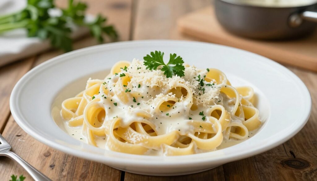 A beautifully plated dish of fresh pasta, specifically fettuccine, tossed in a creamy white sauce, adorned with sprigs of parsley and freshly grated Parmesan cheese. The foreground features the pasta in an elegant bowl, showcasing its rich texture and the glistening sauce coating each strand. In the middle, soft natural lighting highlights the vibrant colors of the dish, while a rustic wooden table serves as a backdrop, emphasizing a warm, inviting atmosphere. In the background, a blurred kitchen setting with herbs and a cooking pot can be faintly seen, enhancing the culinary theme. The mood is cozy and appetizing, inviting the viewer to indulge in this delightful combination of flavors.