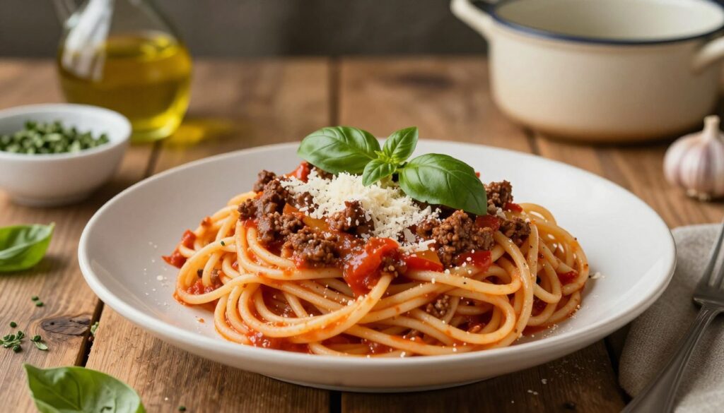 A beautifully plated dish of spaghetti bolognese takes center stage, artfully arranged with twirls of al dente spaghetti topped with a rich, hearty meat sauce featuring ground beef, tomatoes, garlic, and fresh basil. In the foreground, a generous sprinkle of grated Parmesan cheese adds finishing touches. Surrounding the dish, a rustic wooden table features a small bowl of fresh herbs and a bottle of olive oil, evoking the essence of Italian cooking. The warm, inviting lighting highlights the textures of the sauce and the pasta, creating a cozy atmosphere. In the background, a blurred kitchen setting with traditional Italian cookware can be seen, enhancing the authenticity of the scene. The image captures the warmth and charm of home-cooked Italian cuisine, inviting viewers to experience the joy of preparing a delicious meal. A beautifully plated dish of spaghetti bolognese takes center stage, artfully arranged with twirls of al dente spaghetti topped with a rich, hearty meat sauce featuring ground beef, tomatoes, garlic, and fresh basil. In the foreground, a generous sprinkle of grated Parmesan cheese adds finishing touches. Surrounding the dish, a rustic wooden table features a small bowl of fresh herbs and a bottle of olive oil, evoking the essence of Italian cooking. The warm, inviting lighting highlights the textures of the sauce and the pasta, creating a cozy atmosphere. In the background, a blurred kitchen setting with traditional Italian cookware can be seen, enhancing the authenticity of the scene. The image captures the warmth and charm of home-cooked Italian cuisine, inviting viewers to experience the joy of preparing a delicious meal.