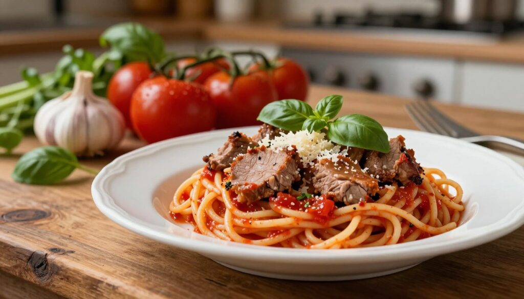 A beautifully plated dish of spaghetti topped with tender pork, showcasing various cuts like shoulder and belly, garnished with fresh basil and grated Parmigiano Reggiano. The foreground features a rustic wooden table, accentuating the homely feel. The pasta swirls on a white ceramic plate, glistening with a rich tomato sauce infused with herbs. In the middle ground, vibrant ingredients like garlic, onions, and ripe tomatoes are artistically arranged, hinting at the preparation process. Soft, warm lighting creates a cozy ambiance, highlighting the texture of the meat and the shine of the sauce. In the background, a blurred kitchen setting with herbs and utensils complements the scene, evoking a feeling of culinary craftsmanship. The mood is inviting and hearty, perfect for a comforting meal. A beautifully plated dish of spaghetti topped with tender pork, showcasing various cuts like shoulder and belly, garnished with fresh basil and grated Parmigiano Reggiano. The foreground features a rustic wooden table, accentuating the homely feel. The pasta swirls on a white ceramic plate, glistening with a rich tomato sauce infused with herbs. In the middle ground, vibrant ingredients like garlic, onions, and ripe tomatoes are artistically arranged, hinting at the preparation process. Soft, warm lighting creates a cozy ambiance, highlighting the texture of the meat and the shine of the sauce. In the background, a blurred kitchen setting with herbs and utensils complements the scene, evoking a feeling of culinary craftsmanship. The mood is inviting and hearty, perfect for a comforting meal.