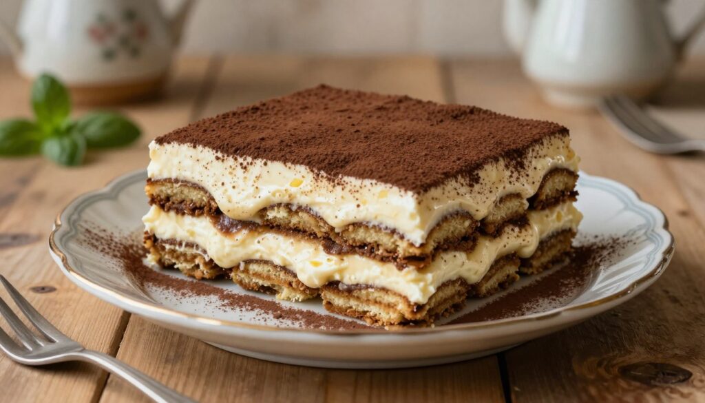 A beautifully plated tiramisu without eggs, inspired by Magda Gessler’s recipe, sits elegantly on a wooden table. The dessert features layers of coffee-soaked ladyfingers and creamy mascarpone, delicately dusted with cocoa powder on top. In the foreground, a vintage porcelain dessert dish highlights the dessert's textures and colors. Soft, warm lighting creates an inviting atmosphere, enhancing the rich browns and creamy whites of the tiramisu. In the background, a rustic kitchen setting with faintly visible herbs and vintage kitchenware adds context and warmth without drawing attention away from the main subject. The composition evokes a sense of comfort and indulgence, perfect for showcasing this delicious, eggless variation of a classic Italian dessert.