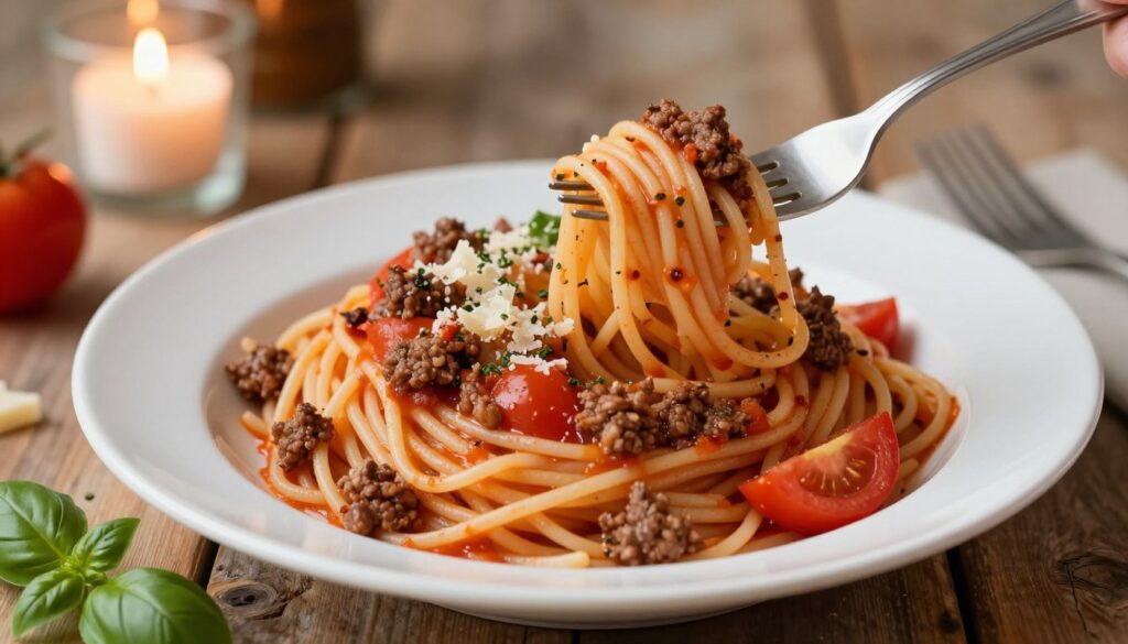 A beautifully presented plate of spaghetti bolognese, featuring rich, hearty meat sauce made from finely minced beef, aromatic herbs, and vibrant tomatoes. The spaghetti is perfectly al dente, twirling elegantly on a fork to the side. In the background, a rustic wooden table complements the scene, with a gently flickering candle casting warm, inviting light. In the foreground, a few sprigs of fresh basil and a sprinkle of grated Parmesan cheese add vibrant color to the dish. The image should have a soft focus on the background, highlighting the appetizing details of the spaghetti bolognese. Capture the warmth and comfort of a home-cooked meal, evoking a sense of indulgence and satisfaction. A beautifully presented plate of spaghetti bolognese, featuring rich, hearty meat sauce made from finely minced beef, aromatic herbs, and vibrant tomatoes. The spaghetti is perfectly al dente, twirling elegantly on a fork to the side. In the background, a rustic wooden table complements the scene, with a gently flickering candle casting warm, inviting light. In the foreground, a few sprigs of fresh basil and a sprinkle of grated Parmesan cheese add vibrant color to the dish. The image should have a soft focus on the background, highlighting the appetizing details of the spaghetti bolognese. Capture the warmth and comfort of a home-cooked meal, evoking a sense of indulgence and satisfaction.