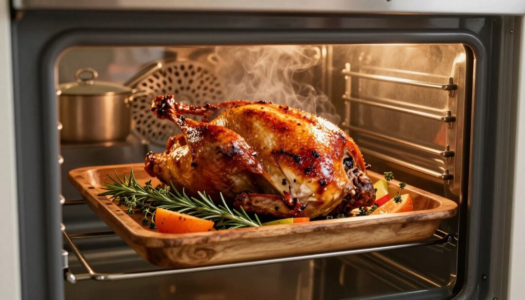 A beautifully roasted duck in a sleek, modern oven, showcasing its golden-brown skin and crispy texture. The duck is perched on a rustic wooden baking tray filled with fresh herbs like rosemary and thyme, accompanied by vibrant vegetables. The oven interior is illuminated by warm, inviting light, highlighting the succulent meat and creating a cozy atmosphere. In the background, a softly blurred kitchen setting with pots and pans adds context, emphasizing a home-cooking vibe. The angle of the shot is slightly above the oven, capturing the depth of the scene and drawing attention to the main subject, while a gentle steam wafts upward, enhancing the appeal of a home-cooked meal.