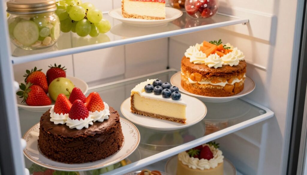 A beautifully styled refrigerator interior showcasing various types of cakes arranged on elegant plates. In the foreground, a moist chocolate cake sits on a delicate porcelain plate, adorned with fresh strawberries and whipped cream. In the middle, a rich cheesecake is paired with bright blueberries, while a vibrant carrot cake decorated with cream cheese frosting is positioned nearby. In the background, the shelves of the fridge are filled with fresh ingredients and jars, adding depth. Soft, ambient lighting creates a warm, inviting atmosphere, enhancing the colors and textures of the cakes. The angle is slightly tilted from above, allowing for a comprehensive view of the delicious desserts, embodying freshness and care in food storage.