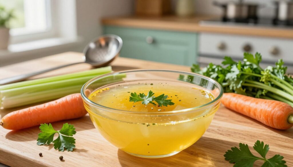 A clear, elegant bowl of traditional Polish broth, or rosół, sits prominently in the foreground, showcasing its vibrant golden hue. The broth is smooth and free from impurities, with aromatic herbs and seasonings subtly floating on the surface. Surrounding the bowl are fresh ingredients like carrots, celery, and parsley, artfully arranged to highlight the preparation process. In the mid-ground, a sturdy wooden table is laden with kitchen tools, including a ladle and a strainer, evoking a warm, homely cooking atmosphere. The background features a softly lit kitchen with pastel colors, enhancing the inviting vibe. The scene is illuminated by natural light streaming in from a nearby window, casting gentle shadows and creating a cozy ambiance, perfect for exploring culinary techniques. A clear, elegant bowl of traditional Polish broth, or rosół, sits prominently in the foreground, showcasing its vibrant golden hue. The broth is smooth and free from impurities, with aromatic herbs and seasonings subtly floating on the surface. Surrounding the bowl are fresh ingredients like carrots, celery, and parsley, artfully arranged to highlight the preparation process. In the mid-ground, a sturdy wooden table is laden with kitchen tools, including a ladle and a strainer, evoking a warm, homely cooking atmosphere. The background features a softly lit kitchen with pastel colors, enhancing the inviting vibe. The scene is illuminated by natural light streaming in from a nearby window, casting gentle shadows and creating a cozy ambiance, perfect for exploring culinary techniques.