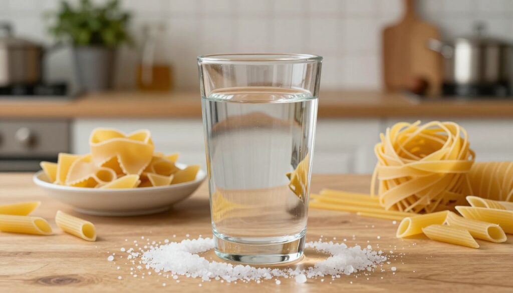 A clear, elegant glass of water, filled to the brim, sits prominently in the foreground, reflecting soft light. Surrounding the glass, a sprinkle of coarse sea salt is artistically scattered, capturing the essence of cooking. In the middle ground, a wooden table hosts a bowl of uncooked pasta, showcasing different shapes like spaghetti and penne, hinting at their culinary potential. The background features a softly blurred kitchen setting with warm, inviting tones, highlighting rustic decor elements such as herb pots and cooking utensils. The lighting should be bright and natural, creating a cozy atmosphere that evokes a sense of Italian culinary tradition. The composition invites the viewer to focus on the relationship between salt, water, and the art of cooking pasta, embodying a homely cooking vibe.