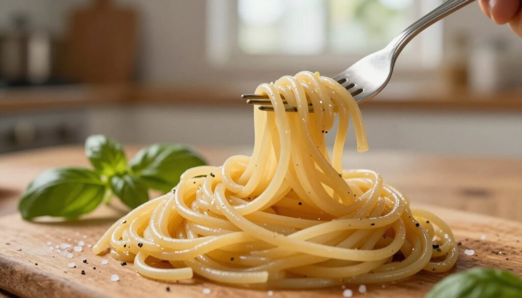 A close-up, artistic shot of perfectly cooked pasta, showcasing strands of spaghetti with a glossy, light sheen, embodying the ideal texture of "al dente." The foreground features a delicate fork twirling the pasta, with a few pieces elegantly draped from it. In the middle ground, a rustic wooden table adorned with fresh herbs like basil and a sprinkle of coarse sea salt, subtly highlighting the dish's fresh ingredients. The background softly blurs into warm, inviting kitchen surroundings, illuminated by natural light filtering through a window, creating a cozy atmosphere. The overall mood is appetizing and inviting, emphasizing the craftsmanship of cooking pasta to perfection without any distractions or text elements. A close-up, artistic shot of perfectly cooked pasta, showcasing strands of spaghetti with a glossy, light sheen, embodying the ideal texture of "al dente." The foreground features a delicate fork twirling the pasta, with a few pieces elegantly draped from it. In the middle ground, a rustic wooden table adorned with fresh herbs like basil and a sprinkle of coarse sea salt, subtly highlighting the dish's fresh ingredients. The background softly blurs into warm, inviting kitchen surroundings, illuminated by natural light filtering through a window, creating a cozy atmosphere. The overall mood is appetizing and inviting, emphasizing the craftsmanship of cooking pasta to perfection without any distractions or text elements.