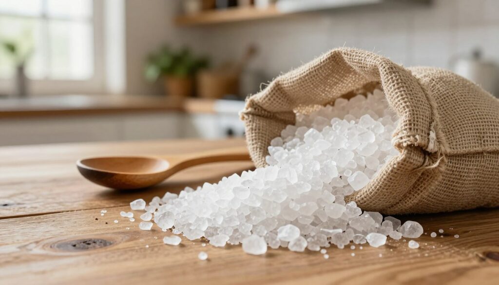 A close-up image of coarse "sól kamienna" (rock salt) crystals spilling from an open burlap bag onto a rustic wooden kitchen surface. In the foreground, the rough texture of the salt contrasts with the smooth grain of the wood. In the middle ground, a small wooden spoon rests beside the salt, suggesting culinary use. The background features a blurred view of a softly lit kitchen, with shelves adorned with herbs and spices, enhancing the cooking atmosphere. Natural light streams in from a nearby window, creating a warm and inviting ambiance. The overall mood is rustic and homely, symbolizing traditional Italian cooking.