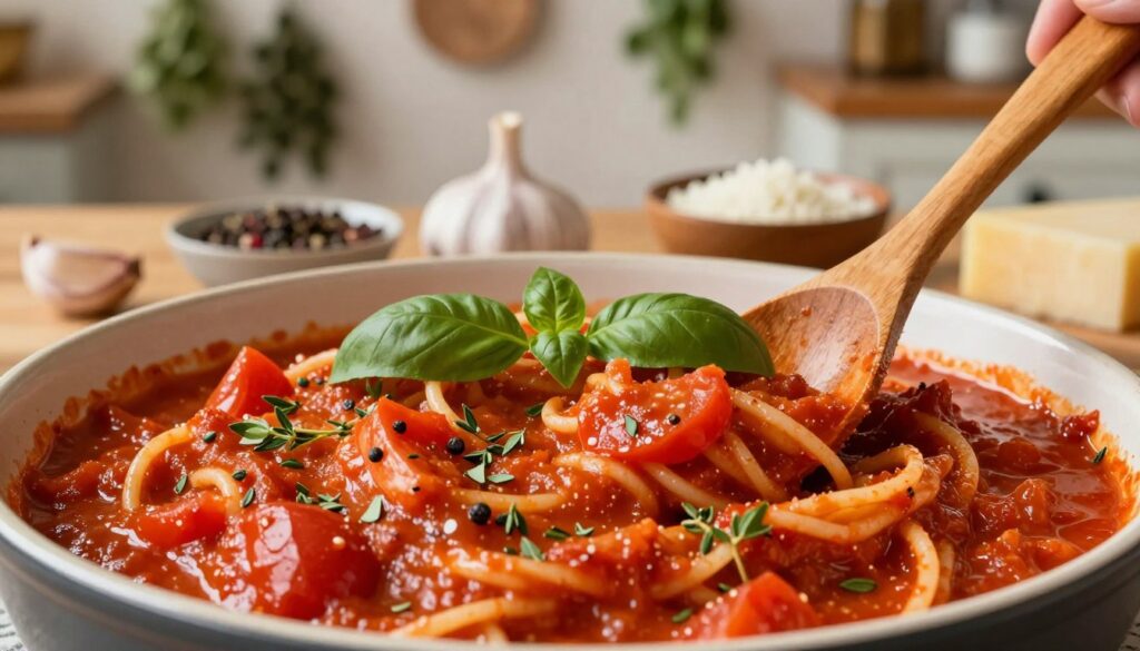 A close-up of a traditional Italian pasta sauce, or "sosu," vividly presented in a rustic dish. The sauce is rich and thick, showcasing the vibrant reds of ripe tomatoes, specks of fresh basil, and aromatic herbs like oregano and thyme. In the foreground, a wooden spoon stirs the sauce, allowing visible textures and layers to emerge. The middle ground features an assortment of spices – garlic cloves, pepper, and a small bowl of grated Parmesan cheese – artfully arranged around the dish. The background softly blurs a warmly-lit kitchen setting, with herbs hanging on hooks, conveying a cozy, inviting atmosphere. The lighting is warm and diffused, highlighting the richness of the sauce while creating a mouth-watering appeal.