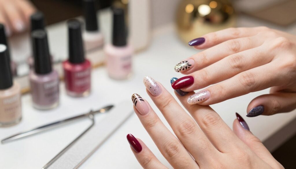A close-up of elegantly manicured gel nails, showcasing a variety of contemporary designs and subtle sparkles, highlighting their durability. The foreground features hands delicately arranged to display the nails, with a focus on a few standout patterns in vibrant colors and intricate details. The middle ground captures tools and products used for gel nail maintenance, such as nail files, cuticle pushers, and gel polish bottles, creating a professional ambiance. In the background, a softly blurred salon setting with warm lighting enhances the atmosphere of relaxation and beauty. Use a slightly tilted angle to emphasize the nails' shine and craftsmanship, evoking feelings of sophistication and care. The overall mood should be inviting, with a hint of elegance and glamour. A close-up of elegantly manicured gel nails, showcasing a variety of contemporary designs and subtle sparkles, highlighting their durability. The foreground features hands delicately arranged to display the nails, with a focus on a few standout patterns in vibrant colors and intricate details. The middle ground captures tools and products used for gel nail maintenance, such as nail files, cuticle pushers, and gel polish bottles, creating a professional ambiance. In the background, a softly blurred salon setting with warm lighting enhances the atmosphere of relaxation and beauty. Use a slightly tilted angle to emphasize the nails' shine and craftsmanship, evoking feelings of sophistication and care. The overall mood should be inviting, with a hint of elegance and glamour.