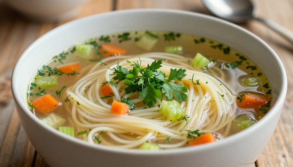 A close-up shot of a bowl of delicate noodle soup, featuring thin strands of "makaron nitki", elegantly curled and submerged in a rich broth. The noodles should be garnished with vibrant green herbs like parsley and fresh dill, along with colorful diced vegetables such as carrots and celery floating in the soup. The scene is illuminated by soft, natural lighting, casting gentle shadows that add warmth. In the background, a rustic wooden table sets a cozy dining atmosphere, with a hint of kitchen utensils blurred to focus on the bowl. Capture the inviting and comforting essence of homemade soup, evoking a sense of nostalgia and warmth perfect for chilly days.