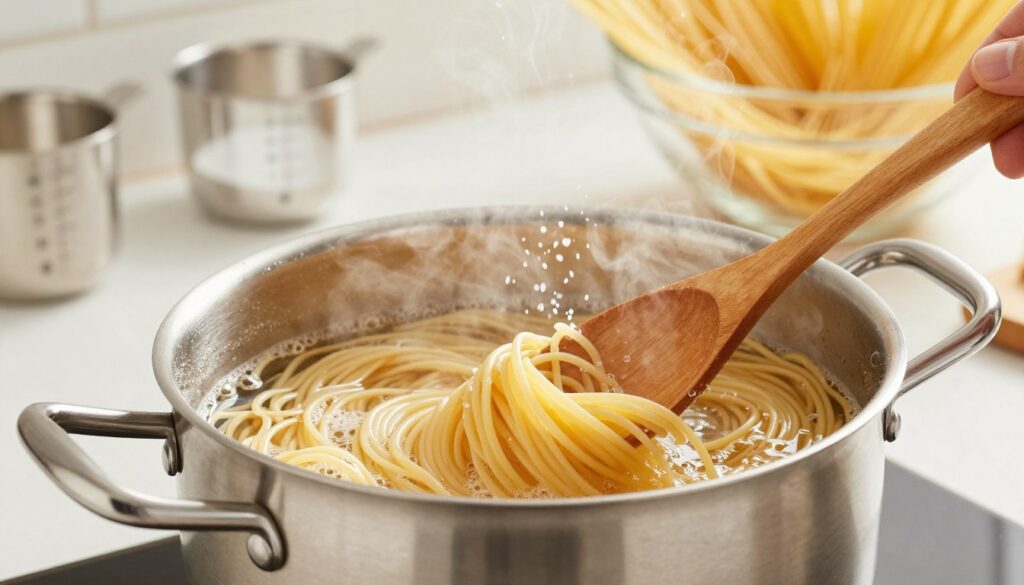 A close-up shot of a pot of boiling pasta, with strands of spaghetti swirling gracefully, demonstrating the delicate balance of cooking without sticking together. The pot, made of stainless steel, glistens under bright kitchen lights, reflecting the luminous steam rising from the surface. In the foreground, a wooden spoon gently stirs the pasta, while a sprinkle of coarse sea salt hovers above, ready to be added. In the background, a well-organized kitchen counter features measuring cups and a large bowl of fresh, uncooked pasta, emphasizing proportions and preparation. The atmosphere is warm and inviting, capturing the essence of a home cooking experience. The image is crisp and vibrant, with soft focus on the background for depth.