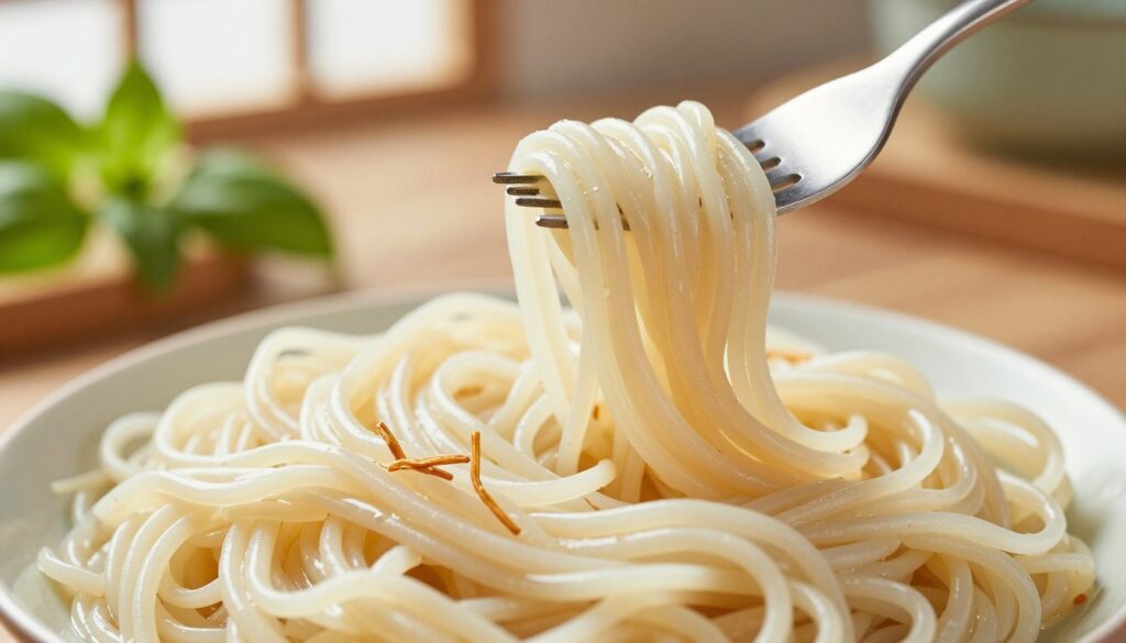 A close-up view of a bowl of perfectly cooked rice noodles, showcasing their airy and non-sticky texture. The noodles are a light creamy color, glistening slightly as they catch natural light from a window, enhancing their appealing look. In the foreground, sprinkle a few individual strands of dried rice noodles to illustrate their initial form. In the middle ground, a fork gently twirls a portion of the noodles, capturing their smoothness. The background is softly blurred, featuring a wooden kitchen table and hints of fresh herbs like basil and cilantro. The atmosphere is warm and inviting, suggesting a harmonious cooking process that leads to perfectly separated noodles. The image is shot at eye level with a shallow depth of field, emphasizing the noodles while keeping the surrounding elements subtly muted.