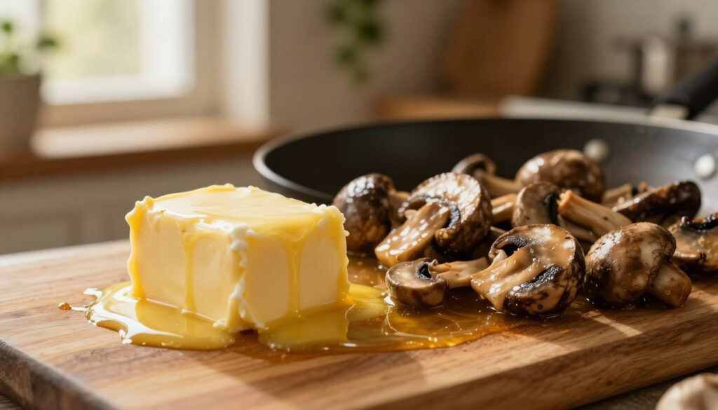 A close-up view of a creamy block of butter, with a rich golden hue, softly melting in a warm skillet. The foreground features a textured wooden cutting board, where the butter sits, reflecting the warm light from the skillet. In the middle, vibrant sautéed mushrooms in various sizes and shapes are simmering in the butter, their rich brown color glistening with flavor as they absorb the fat. In the background, a softly blurred kitchen with rustic elements, such as herbs hanging and light filtering through a window, creates a cozy atmosphere. The lighting should be warm and inviting, capturing the essence of comfort cooking, with a slight focus on the details of the melting butter and mushrooms to evoke a rich, savory experience.