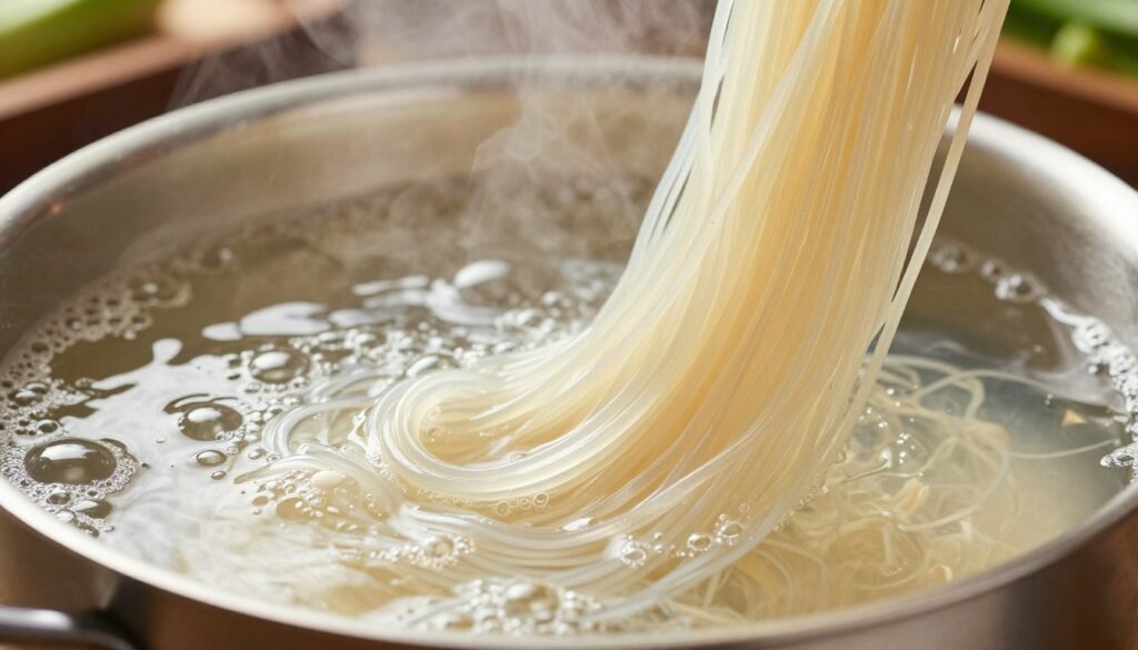 A close-up view of a delicate, thin rice noodle being immersed in a pot of bubbling water, conveying the precise moment when the noodle begins to soften. In the foreground, the noodle, slightly translucent, tangles gracefully in the steam rising from the boiling water, showcasing its texture and thinness. The middle ground features the pot with rolling bubbles, crystal clear water, and gentle reflections of light dancing across the surface. The background is softly blurred, hinting at a cozy kitchen setting with warm ambient lighting, suggesting a homey atmosphere. The scene is illuminated with soft, natural light to enhance the freshness of the ingredients, evoking a sense of warmth and culinary expertise.