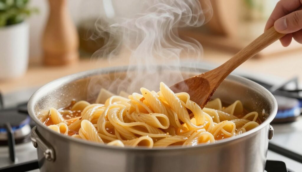 A close-up view of a pot of pasta being heated on a stove, with steam rising gently from the noodles. The foreground features the glossy texture of the macaroni, glistening with moisture, while a wooden spoon stirs it slightly, ensuring even heating. In the middle ground, a soft-focus view of the stove flame illuminates the pot, casting warm, inviting light across the scene. In the background, a cozy kitchen environment is implied with blurred kitchen tools and herbs, creating an atmosphere of homeliness. The composition should have a bright, natural lighting effect that highlights the steam and the vibrant colors of the pasta, conveying a sense of comfort and warmth.
