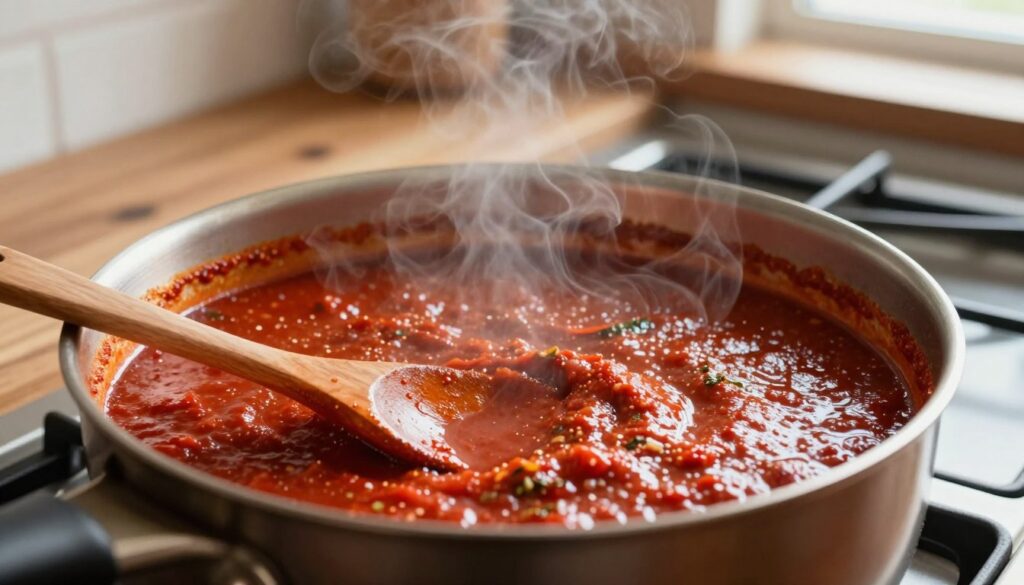 A close-up view of a simmering pot of rich marinara sauce on a stovetop, steam rising in gentle swirls. The sauce is thickening due to reduction, showcasing its deep red color complemented by visible herbs and spices. In the foreground, a wooden spoon rests against the edge of the pot, glistening slightly with sauce. The background features a softly lit kitchen with a rustic wooden countertop, creating a warm, inviting atmosphere. Natural light filters through a nearby window, enhancing the texture of the sauce and casting soft shadows. The composition emphasizes the process of reduction without a lid, conveying the essence of thickening sauce while maintaining full flavor.