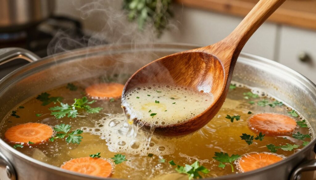 A close-up view of a simmering pot of traditional Polish rosół, with bubbles and savory aromas wafting out. In the foreground, a wooden ladle gently skims the surface, collecting a frothy layer of impurities known as szumowiny. The ladle is polished, showcasing intricate details of wood grain. In the middle, the rich, golden broth is visible, dotted with fresh herbs like parsley and slices of aromatic carrots, creating a vibrant mix of colors. The background features a softly lit kitchen setting with rustic elements like a vintage stove and herbs hanging to dry. Warm, inviting lighting enhances the comforting atmosphere, evoking the essence of a cozy home-cooked meal. A close-up view of a simmering pot of traditional Polish rosół, with bubbles and savory aromas wafting out. In the foreground, a wooden ladle gently skims the surface, collecting a frothy layer of impurities known as szumowiny. The ladle is polished, showcasing intricate details of wood grain. In the middle, the rich, golden broth is visible, dotted with fresh herbs like parsley and slices of aromatic carrots, creating a vibrant mix of colors. The background features a softly lit kitchen setting with rustic elements like a vintage stove and herbs hanging to dry. Warm, inviting lighting enhances the comforting atmosphere, evoking the essence of a cozy home-cooked meal.