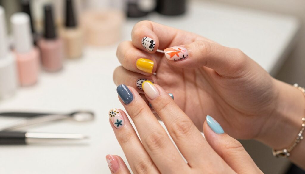 A close-up view of short, stylish gel nails adorned with trendy patterns. The nails should display a variety of geometric shapes, floral designs, and minimalist art in vibrant colors. The foreground features well-manicured hands with a soft focus on the nails, showcasing their shine and artistic detail. In the middle ground, include subtle elements like a delicate bracelet and a set of chic tools arranged neatly. The background should be a light, blurred salon environment with soft lighting that creates a warm and inviting atmosphere. Capture the image at a slight angle to highlight the nail art while maintaining a professional and elegant feel, emphasizing comfort, safety, and style. A close-up view of short, stylish gel nails adorned with trendy patterns. The nails should display a variety of geometric shapes, floral designs, and minimalist art in vibrant colors. The foreground features well-manicured hands with a soft focus on the nails, showcasing their shine and artistic detail. In the middle ground, include subtle elements like a delicate bracelet and a set of chic tools arranged neatly. The background should be a light, blurred salon environment with soft lighting that creates a warm and inviting atmosphere. Capture the image at a slight angle to highlight the nail art while maintaining a professional and elegant feel, emphasizing comfort, safety, and style.