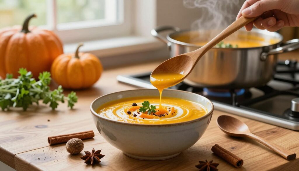 A cozy kitchen scene featuring a beautifully crafted pumpkin soup in a rustic bowl, with vibrant spices like cumin, nutmeg, and cinnamon artfully arranged on a wooden table. In the foreground, a wooden spoon is poised above the bowl, hinting at the moment of adding spices. The middle ground displays a lightly steaming pot of soup on the stove, with hints of fresh herbs sprinkled on top. In the background, soft natural light filters through a window, illuminating a few pumpkins and decorative herbs on the counter, creating a warm and inviting atmosphere. The mood is serene and comforting, evoking the essence of home cooking and the careful timing of adding spices for maximum flavor. Capture the scene with a slightly elevated angle to emphasize the textures and colors.