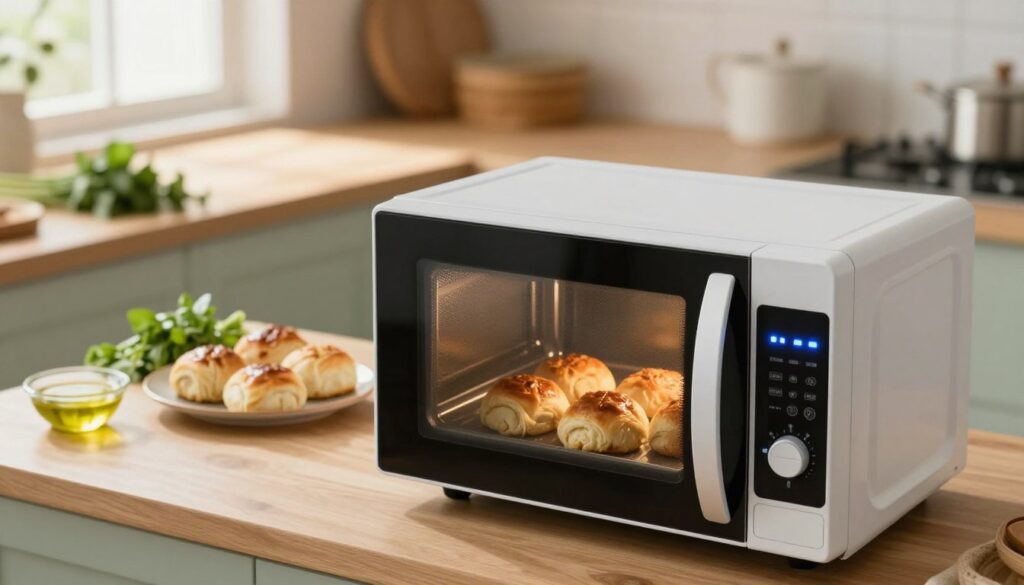 A cozy kitchen scene featuring a modern microwave in the foreground, showcasing its sleek design and illuminated control panel. The middle ground includes a plate of golden-brown rolls that have just been reheated, exuding warmth and a slight sheen. In the background, a softly lit countertop with fresh herbs, a small bowl of olive oil, and a warm light streaming in from a window, creating an inviting atmosphere. The kitchen is clutter-free, decorated with natural wood and pastel colors, evoking a sense of calm and comfort. The overall lighting is warm and inviting, highlighting the deliciousness of the rolls. Capture this scene from a slightly elevated angle to emphasize the microwave and the freshly reheated rolls beneath it, fostering a sense of homey practicality.