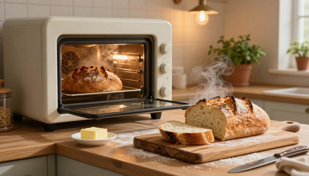 A cozy kitchen scene featuring a traditional oven with freshly baked bread inside, slightly open to reveal a golden, crusty loaf emitting steam. In the foreground, a rustic wooden cutting board holds slices of the loaf, showcasing a soft, airy interior. In the middle, an inviting kitchen counter adorned with a flour dusting, a butter dish, and a vintage knife adds warmth. The background includes warm, ambient lighting from hanging pendant lights and soft shadows cast by potted herbs. The overall atmosphere is homey and inviting, suggesting comfort and the delightful aroma of freshly baked bread. Capture this scene from a slightly angled perspective to enhance depth and visual interest. A cozy kitchen scene featuring a traditional oven with freshly baked bread inside, slightly open to reveal a golden, crusty loaf emitting steam. In the foreground, a rustic wooden cutting board holds slices of the loaf, showcasing a soft, airy interior. In the middle, an inviting kitchen counter adorned with a flour dusting, a butter dish, and a vintage knife adds warmth. The background includes warm, ambient lighting from hanging pendant lights and soft shadows cast by potted herbs. The overall atmosphere is homey and inviting, suggesting comfort and the delightful aroma of freshly baked bread. Capture this scene from a slightly angled perspective to enhance depth and visual interest.